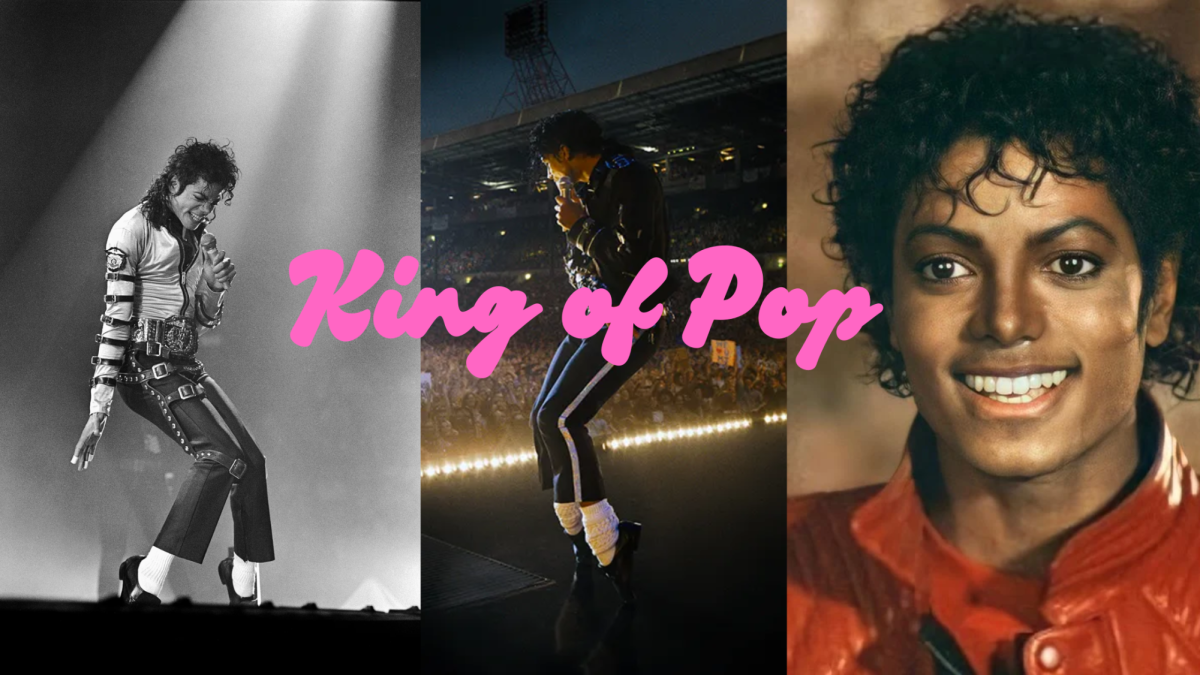 Canva graphic collage of Michael Jackson with "King of Pop" text overlay.