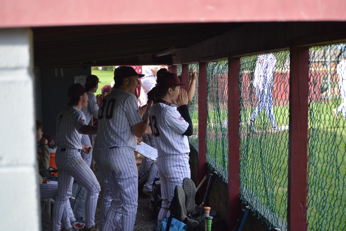 Teammates consisting of Skyler Crane (7), Cody Norman (30), and Kade Corbett (13) in the dugout cheer for Connor Kulka during the bottom half of the second inning. 
